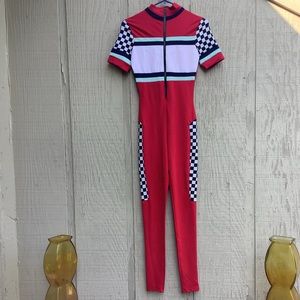 Red/Checker Print Jumpsuit (7%Spandex)